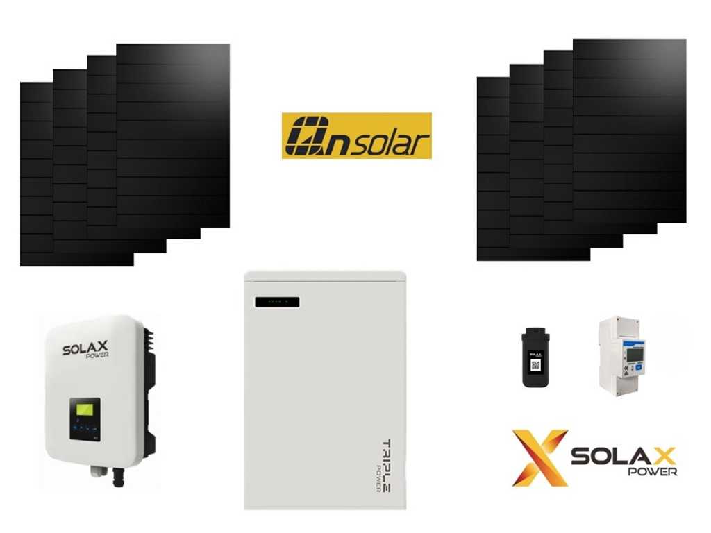 QN - Set of 8 full black solar panels (420 wp) with Solax 3.0k hybrid inverter and Solax 5.8 kWh battery for storage