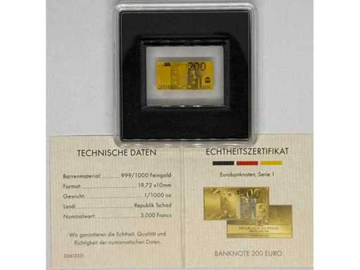 Or 999 (1/1000 oz) – Lingot miniature d’or de 200 euros (design série Euro, République du Tchad), 19,72 × 10 mm.
