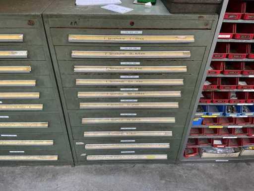 Drawer cabinet with extensive drilling and tool inventory