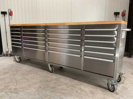 Stahlworks Banco da lavoro Deluxe in acciaio inossidabile da 96 pollici con 24 cassetti