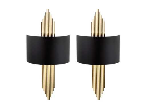 Set van 2 art deco metalen wandlampen - B. 22 x H. 75 cm - Zwart en goud