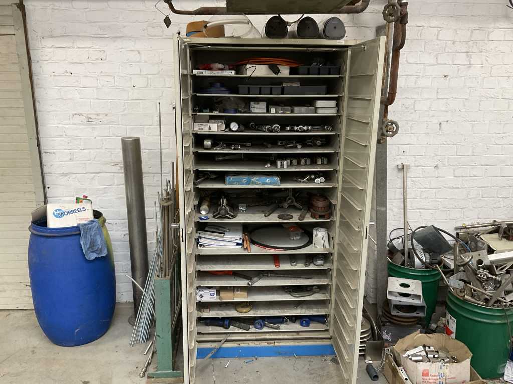 Metal workshop cabinet with contents
