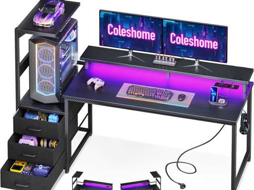 Bureau Gaming avec éclairage LED et Prise électrique, 151×50 cm