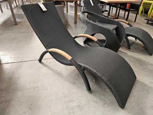 Luxury Lounge Ligbed Wave Zwart met Kussen Taupe - Teak Armleuning