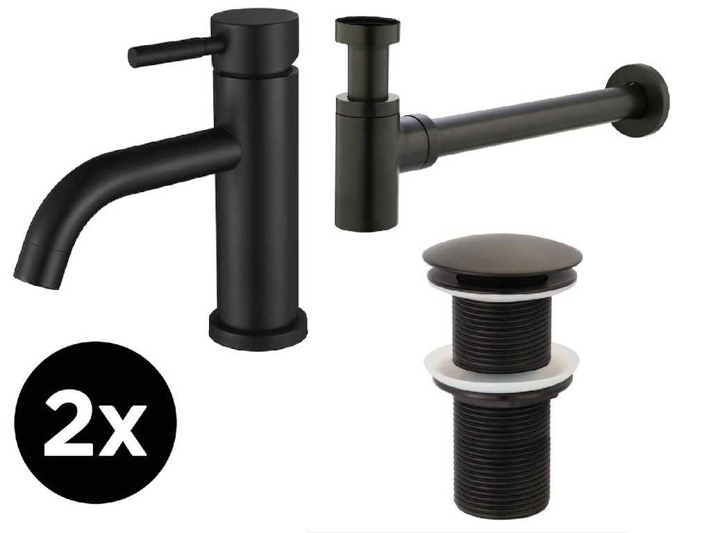 2 low taps, 2 pop-up drains and 2 siphons, Black