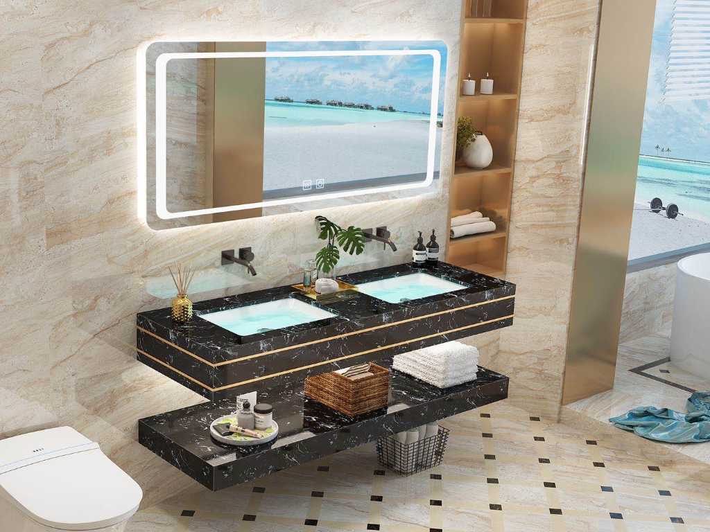 Dulap de baie duo din 2 piese negru-marmură. Cu oglindă LED și robinete de perete (150cm)