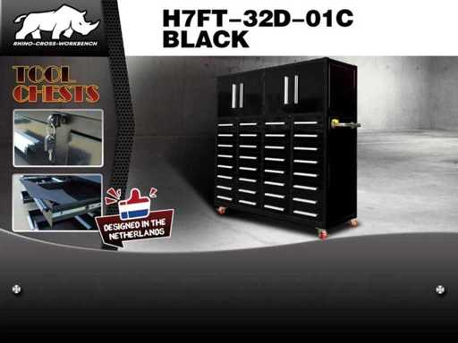 Rhino-Cross-Workbench H7ft-32D-01C Schwarze Werkbank 32 Schubladen 4 Türen
