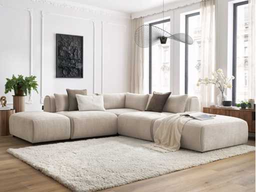 Modulaire vaste hoekbank van textuurstof met 2 fauteuils, 1 hoek en 2 poefs