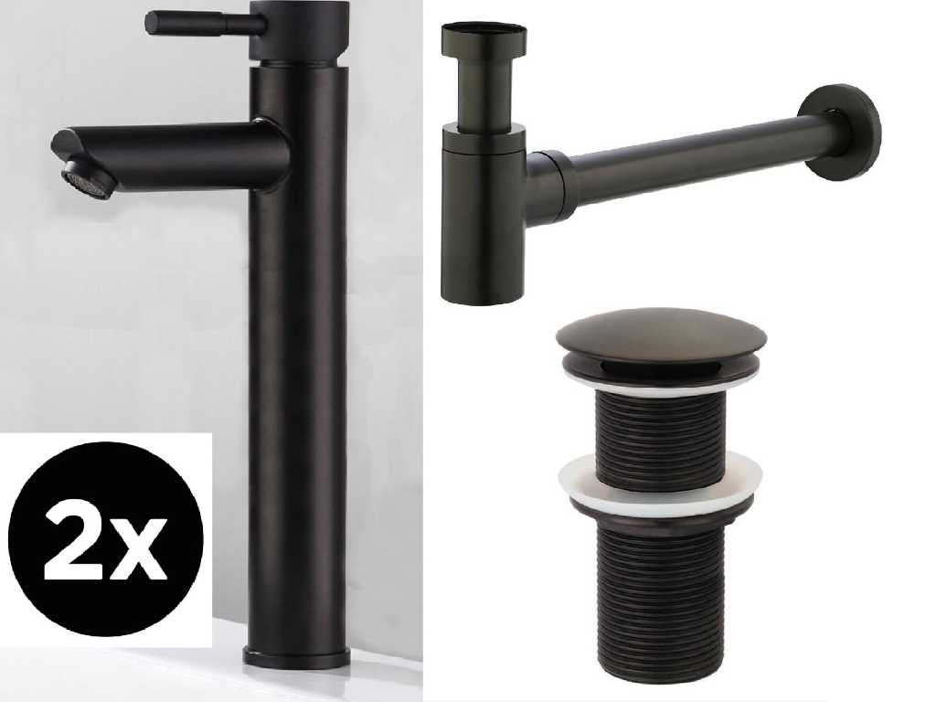 2 high taps, 2 pop-up drains and 2 siphons, Black