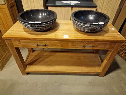 Console murale en teck diamant 140 x 50 cm double table naturelle avec pieds en bloc