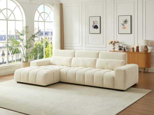 Canapé d'angle gauche en tissu texturé beige