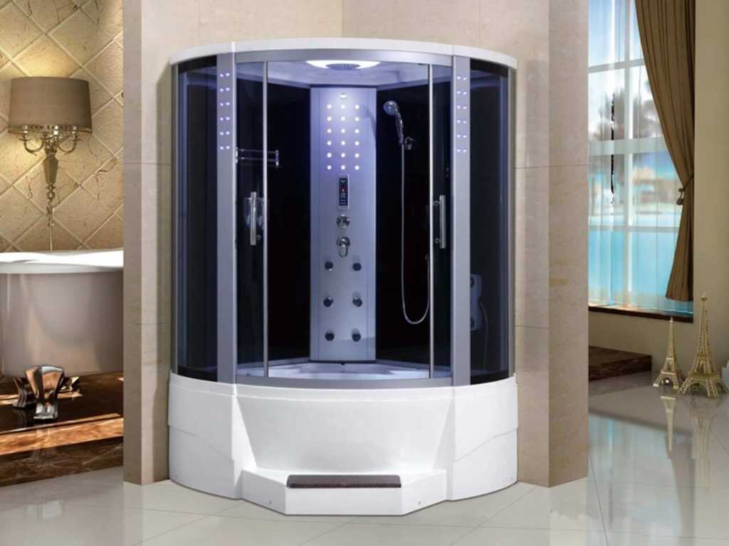 Steam Room with Whirlpool Massage Bath - Half Round - White Bath with Black Cabin 135x135x220 cm