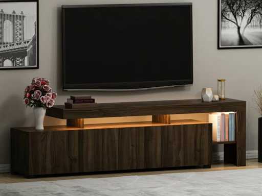 Meuble TV avec éclairage LED en mélamine et PVC, finition noyer Forme