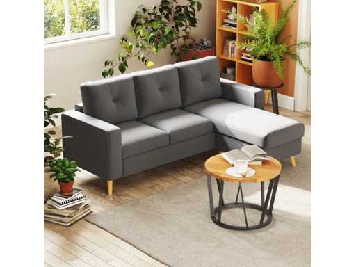 Hoekbank in Scandinavisch ontwerp, met getufte knopen, massief hout, linnen look, grijs