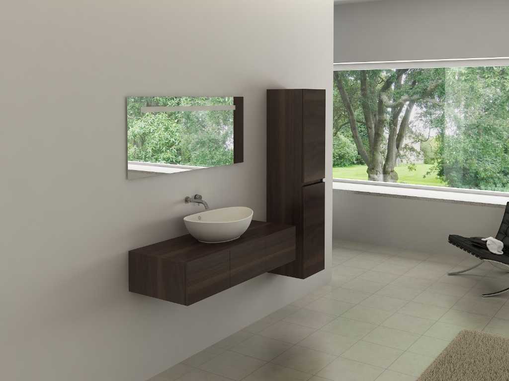 1-Persoons badkamermeubel -  1 zijkast - Donker hout decor. Afm. 1200x470x250mm