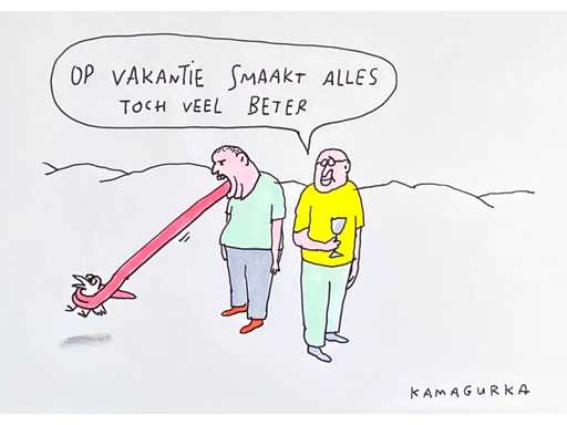 Kamagurka - Op vakantie - Inkt en kleurstift op papier - ingelijst