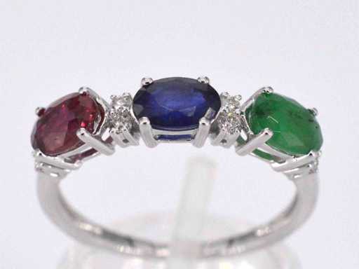 White gold ring with diamonds, sapphire, ruby and emerald