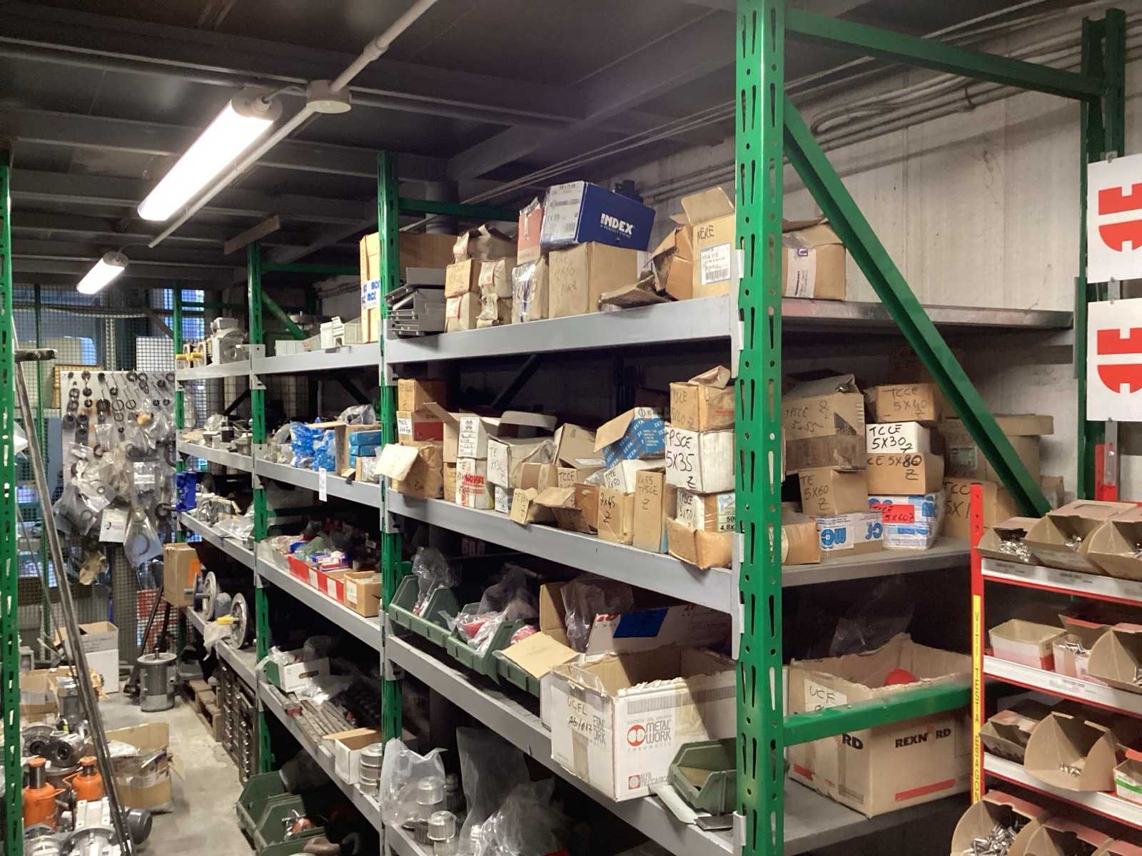 Bearings and various materials on shelving