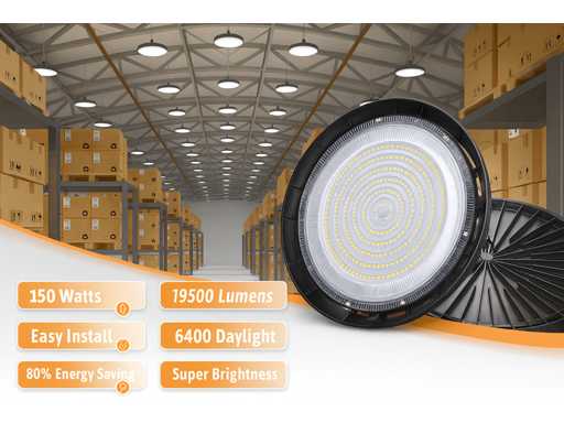 15 x Highbay LED SLIM 150W – 6500K Koud Wit – UFO IP65 Waterdicht – 19.500 lm 