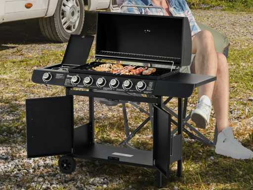 Barbecue à gaz à 7 brûleurs, avec thermomètre, barbecue portable, noir