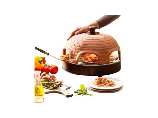 Emerio Pizzarette Origineel - 6 Persoons Pizza Oven - Handgemaakte Terracotta Koepel - 6 Geïsoleerde Bakspatels - RVS Bakplaat - Gourmetstel met Cool touch koepel - PO-115984 1200W