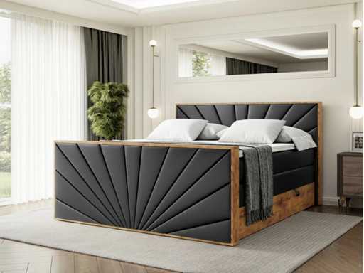 Lit boxspring 180x200 -matelas - surmatelas - coffre - Pu Noir et bois