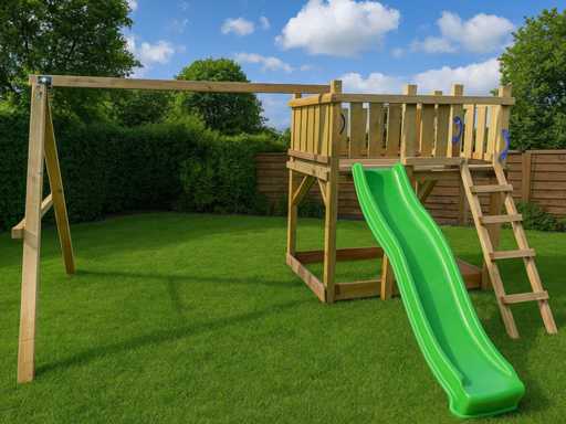 Freestanding play tower with swing and slide 410x300x200 cm