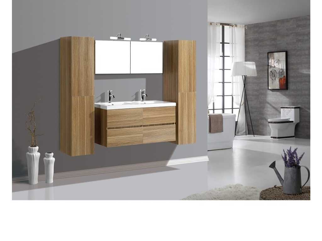 Meuble de salle de bain 2 personnes 120 cm décor bois naturel - Robinetterie incluse