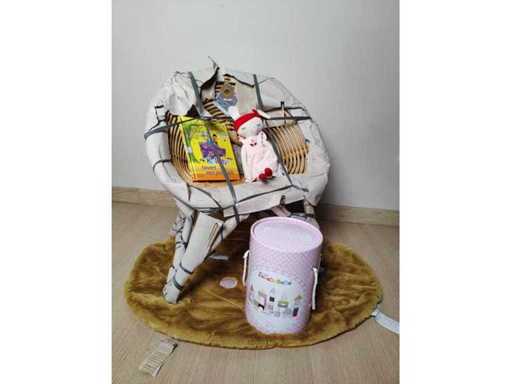 Children's chair rattan + carpet + box of blocks + cuddly doll + booklet