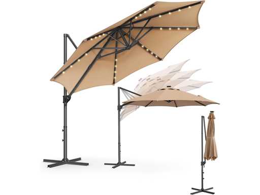 Parasol de Jardin 300 cm, 28 LED Solaires, UPF 50+, Parasol d Extérieur