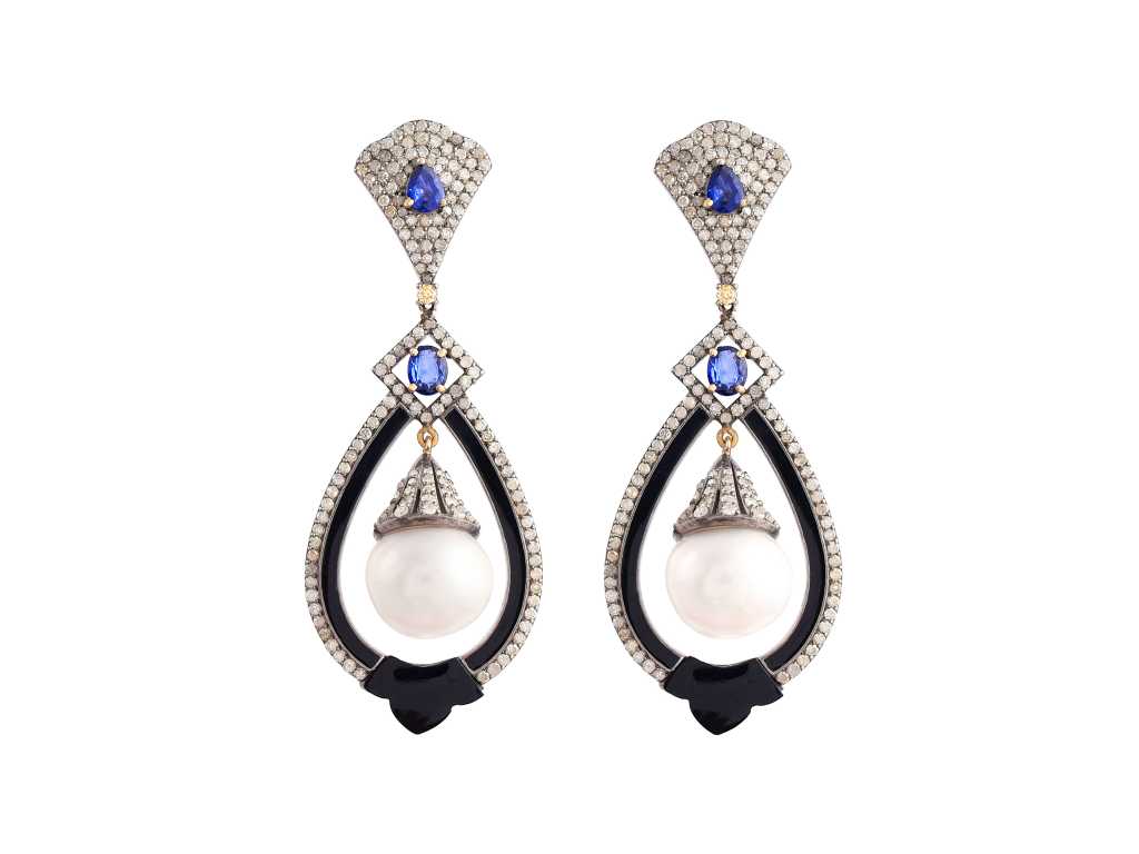 Boucle D’oreille Or 14 Carats Et Argent Avec Diamants Naturels, Saphir Bleu Et Perle