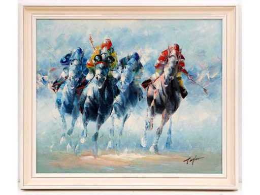Taylor - Jockeys en racepaarden in actie - acryl op doek - 50x60 cm 