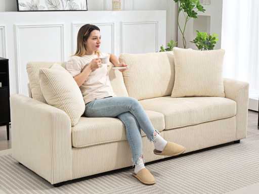 3-seater sofa 212 cm with 2 spring cushions, corduroy fabric, for living room, bedroom, home office, cream