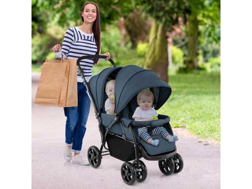Foldable Double Tandem Stroller with Awning & Adjustable Backrest