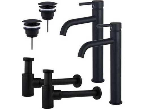 Jeu de robinet de lavabo - pour double évier - robinet de lavabo surélevé - bouchon toujours ouvert - siphon de conception abaissé - noir mat