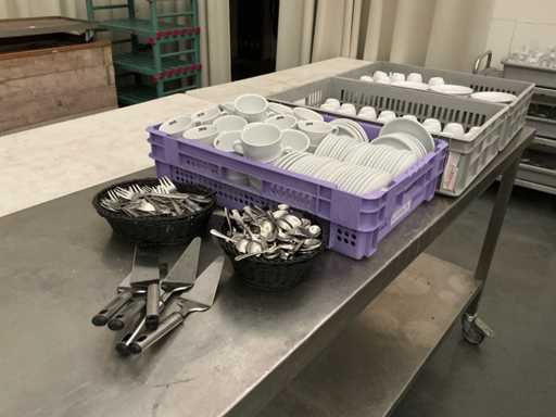 Lot of bags, plates, jugs, spoons, forks, cake servers