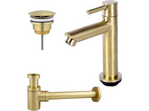 Ensemble de robinets pour fontaine Calvi - robinet fontaine debout - bas - prise toujours ouverte - siphon design - PVD en laiton brossé (or)
