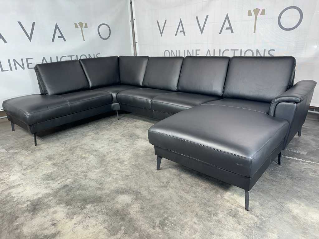 Hjort Knudsen - U-shaped sofa with lounge and open island, black leather, black metal legs