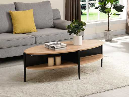 Ovale salontafel met 4 nissen in MDF en metaal - natuurlijk, licht en zwart