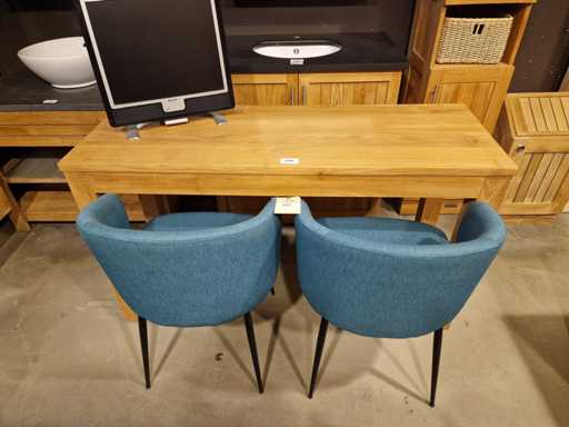 Table de bureau en teck diamant 140 x 50 cm Naturelle droite avec pieds blocs
