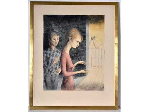 Roland Devolder - Symbolic scene with three characters - etching