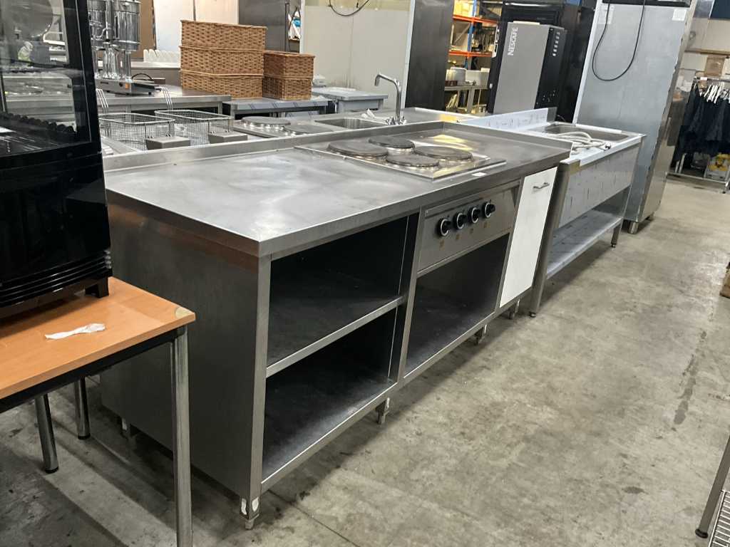 Stainless steel work table with electric hob