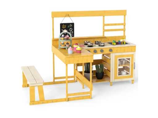 Outdoor children's kitchen made of fir wood with integrated picnic table and bench TP10306NA