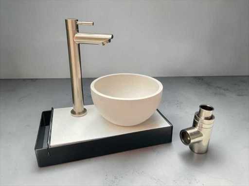Ensemble de fontaine avec cadre, cuvette à surface solide et robinet en acier inoxydable