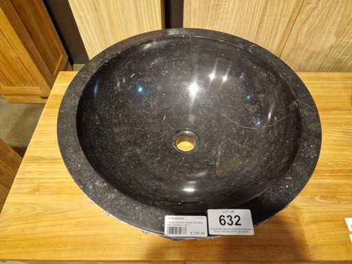 Lavabo en pierre bleue en teck, diamètre rond 45 x H18 cm ciselé