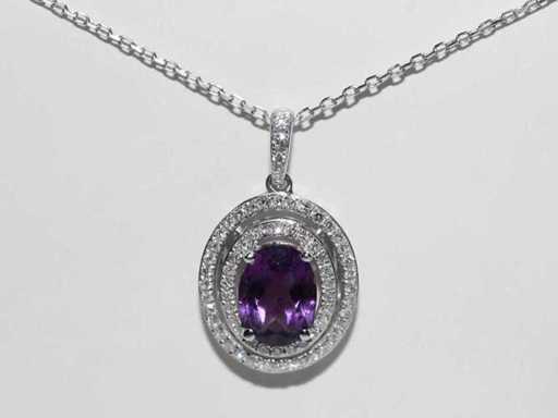 9 KT White gold Necklace with Pendant With 1.47 Cts Natural Diamond and Amethyst