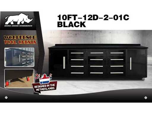 Rhino-Cross-Workbench 10FT-12D-2-01C Black Tool Cabinet 12 drawer 2 doors