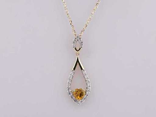 Collana in oro giallo da 14 caratti con ciondolo e diamanti naturali da 0,45 ct e citrino