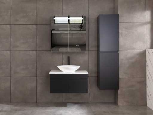Meuble de salle de bain 80cm avec armoire de toilette et (armoire suspendue) noir mat