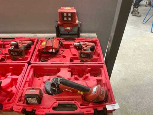 Set de unelte fără fir Hilti b.u.: polizator unghiular, burghiu și lumină de construcții în caz